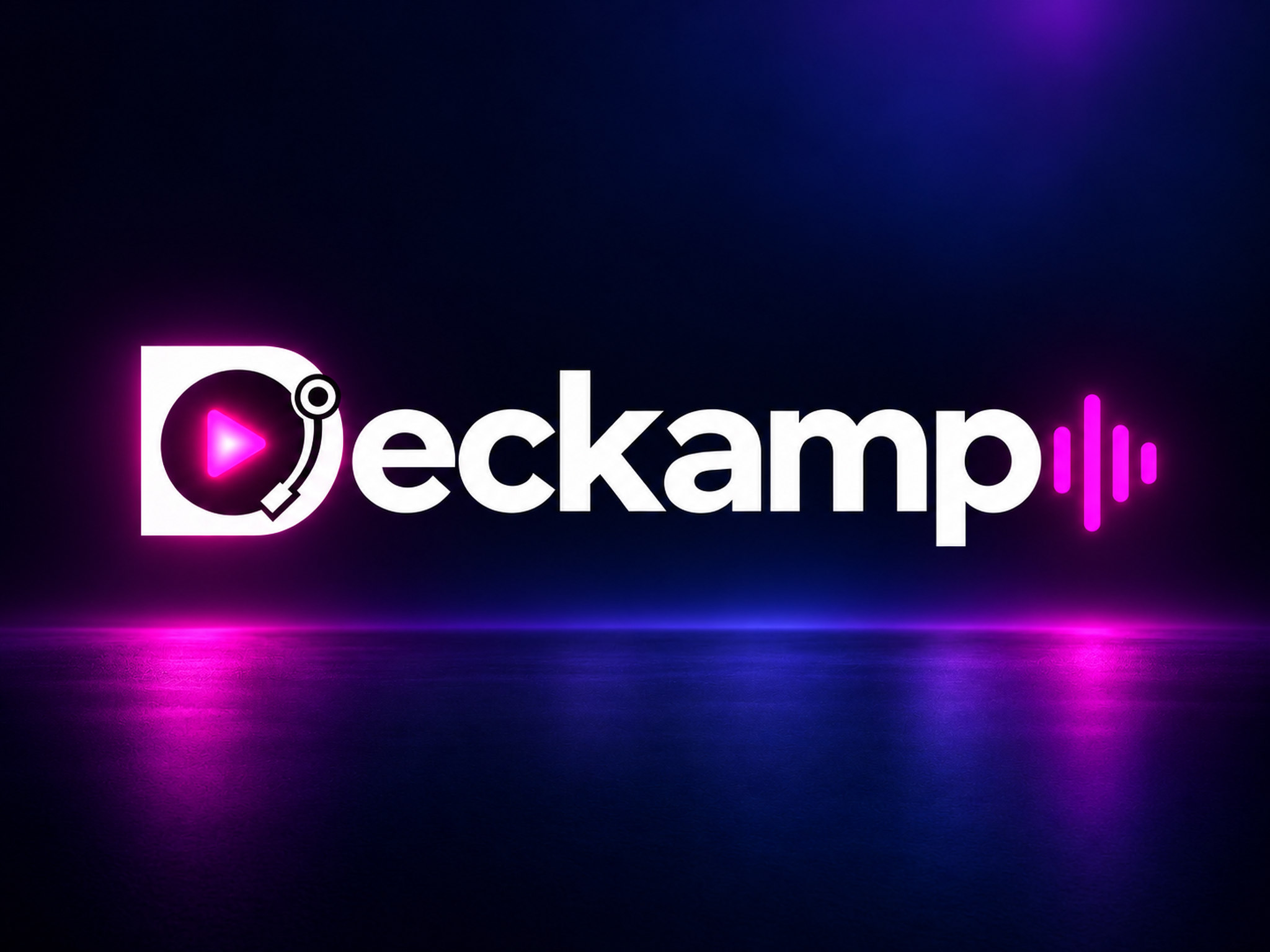 Deckamp's white turntable-inspired logo and pink waveform illuminated against a deep blue and magenta neon background